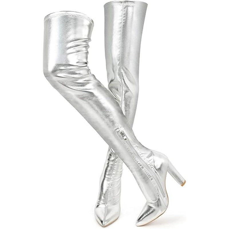 Wsheliu Womens Size 11 Silver Thigh High 4'5" Chunky Heel Zip Up Go Go Boots