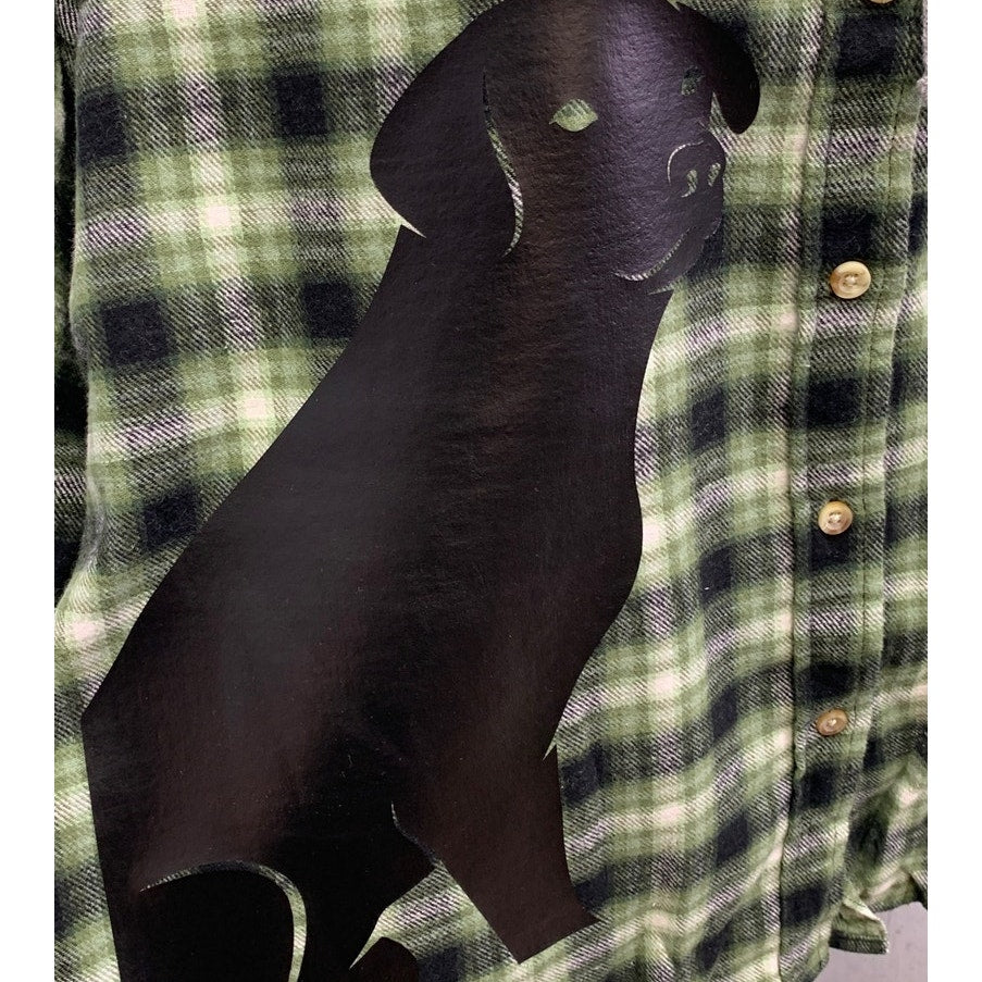 New Hand Printed Womens Large Black Lab Dog Long Sleeve Plaid Flannel Hoodie