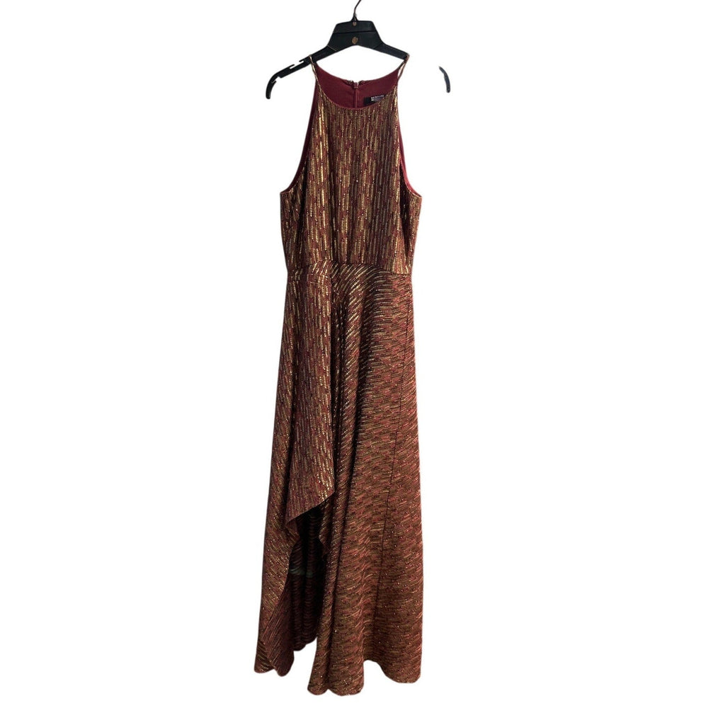 Badgley Mischka Size 10 Ruby Metallic Gold Hi Low Leg Slit Halter Dress Gown