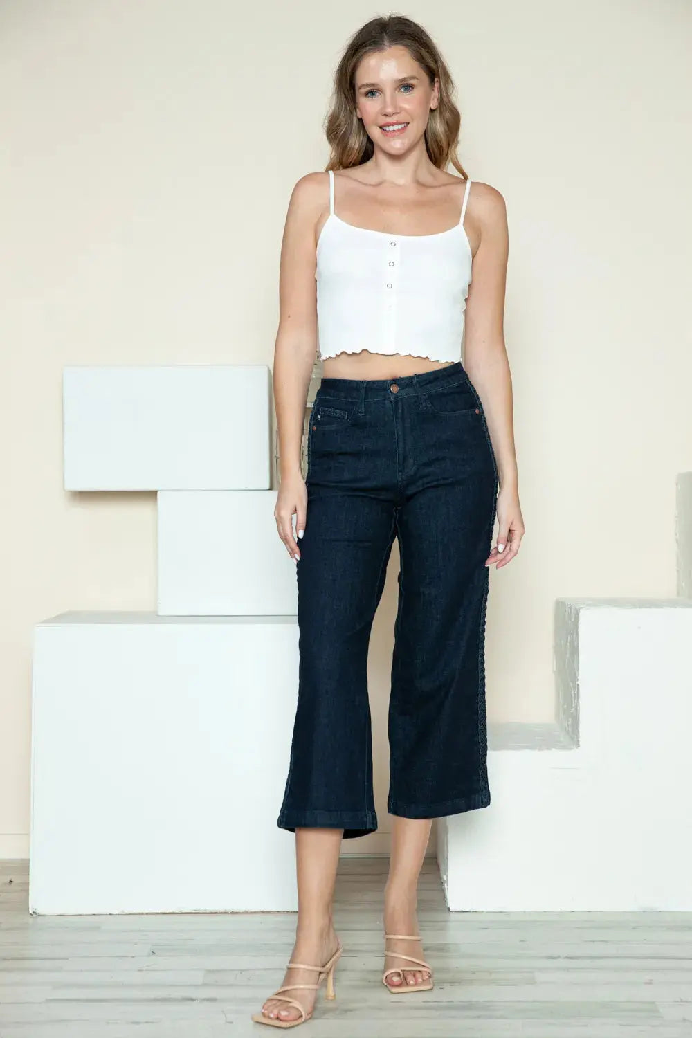 Judy Blue Full Size/Plus Size Side Seam Braid Detail Crop Wide Leg Jeans