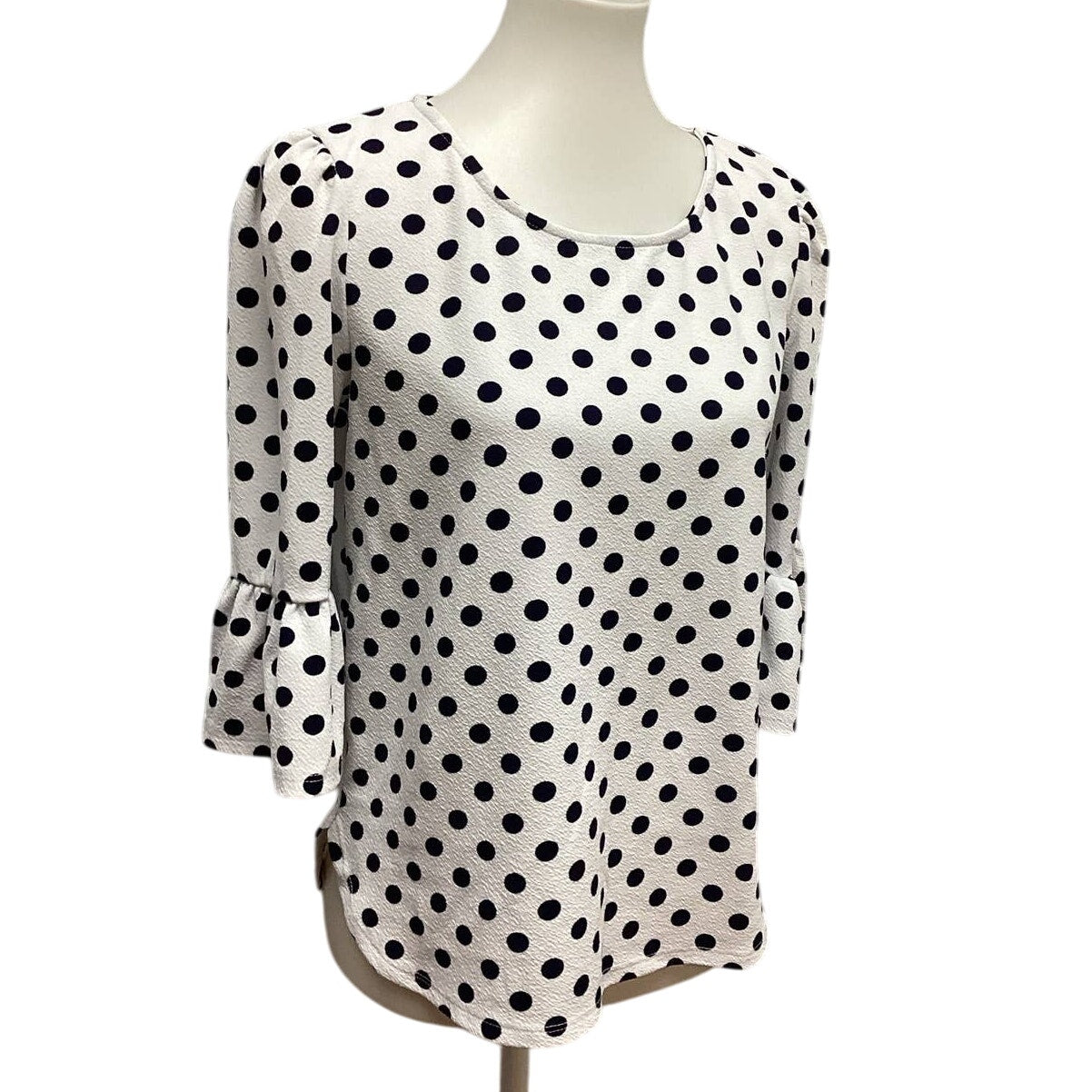 Green Envelope Medium Long Bell Sleeve Polka Dot PolyBlend Crew Neck Top Blouse