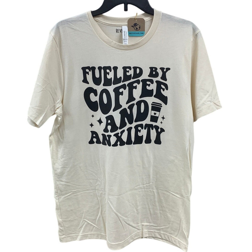New Hand Printed Womens Large Fueled By Coffee And Anxiety Short Sleeve T Shirt