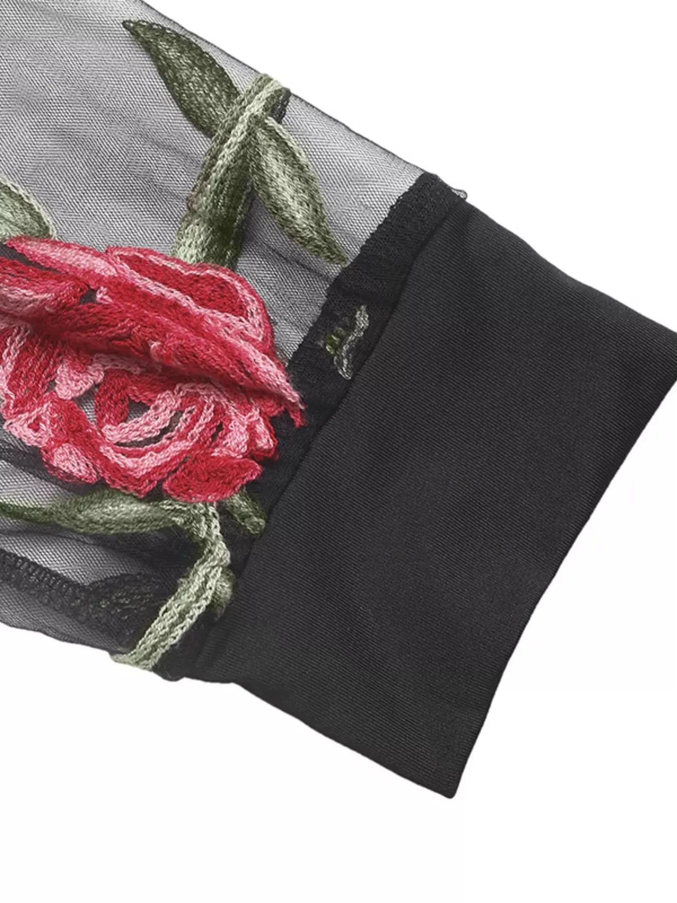 Floral Mesh Long Sleeve V Neck Blouse