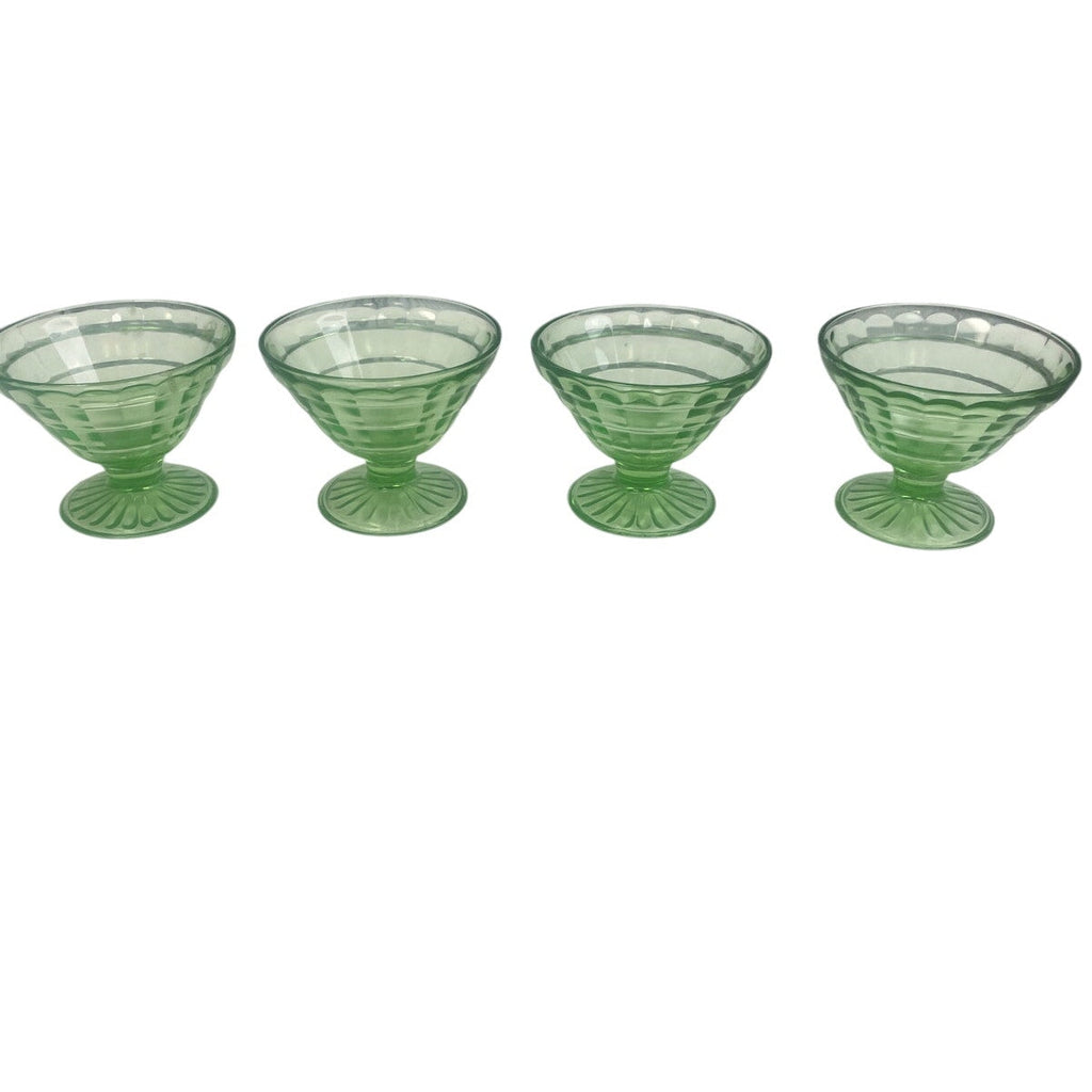 Lot of 4 Vintage Clear Green Glass Footed Textured Dessert Serving Bowls