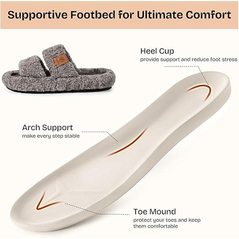 New EverFoams Womens Size 9/10 Gray Fuzzy Open Toe Memory Foam Slide On Slippers