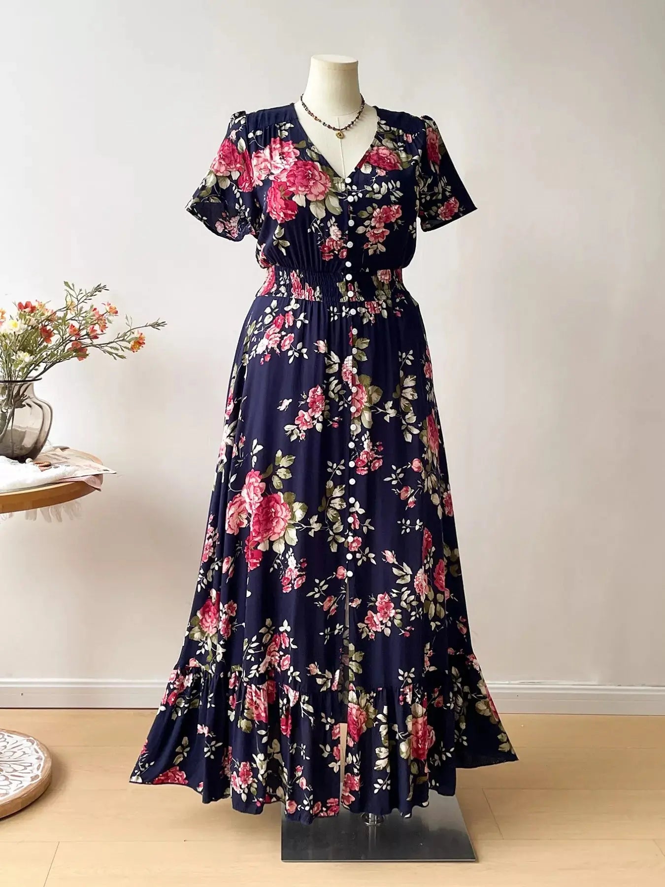 Plus Size Floral Print Short Sleeve V Neck Dress