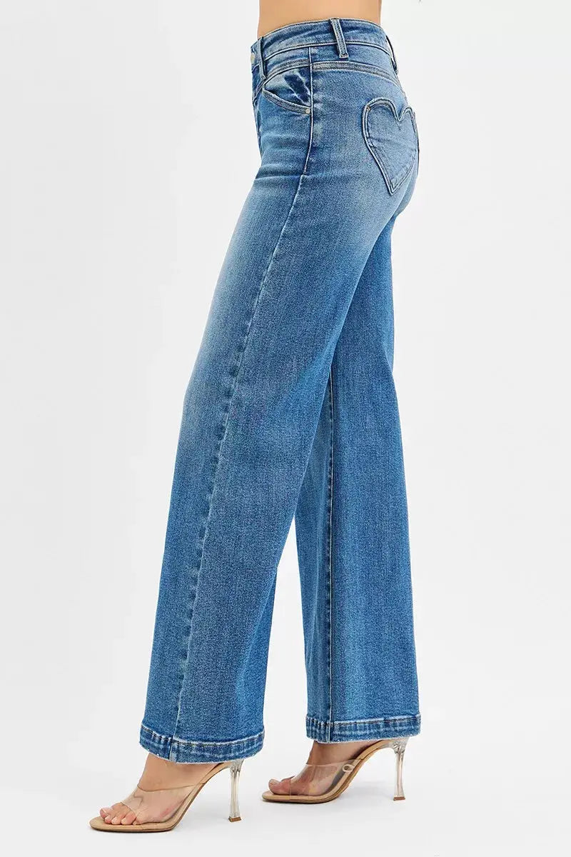 RISEN Jeans - High Rise Wide Leg Jeans with Front Yoke and Heart Back Pocket