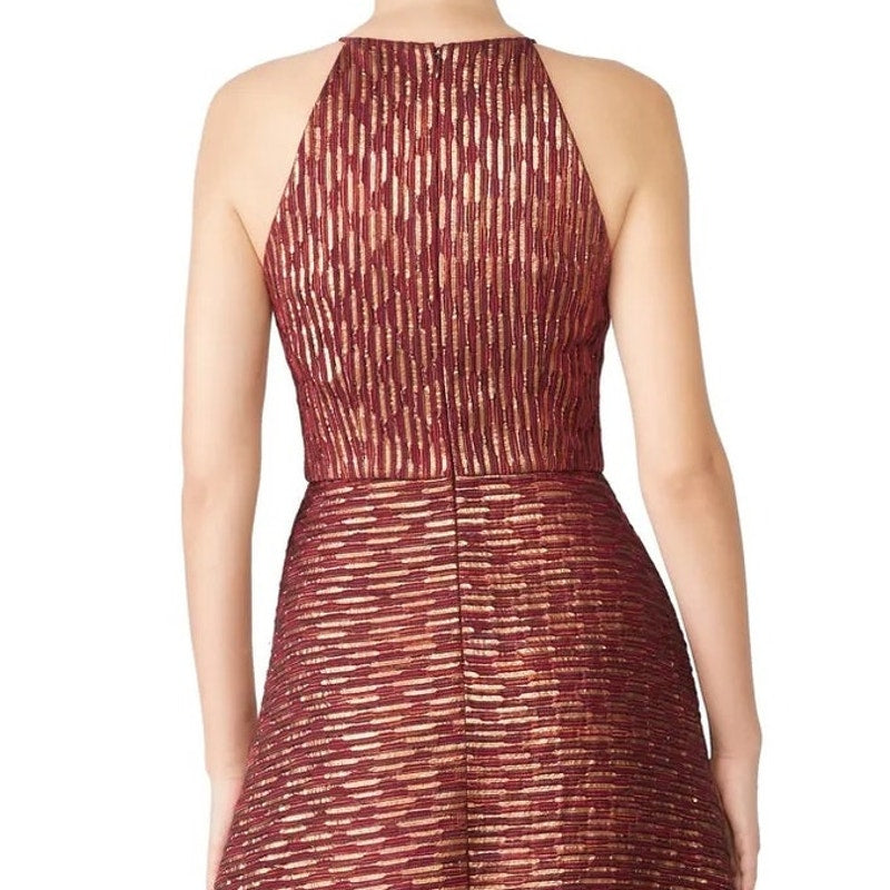 Badgley Mischka Size 10 Ruby Metallic Gold Hi Low Leg Slit Halter Dress Gown