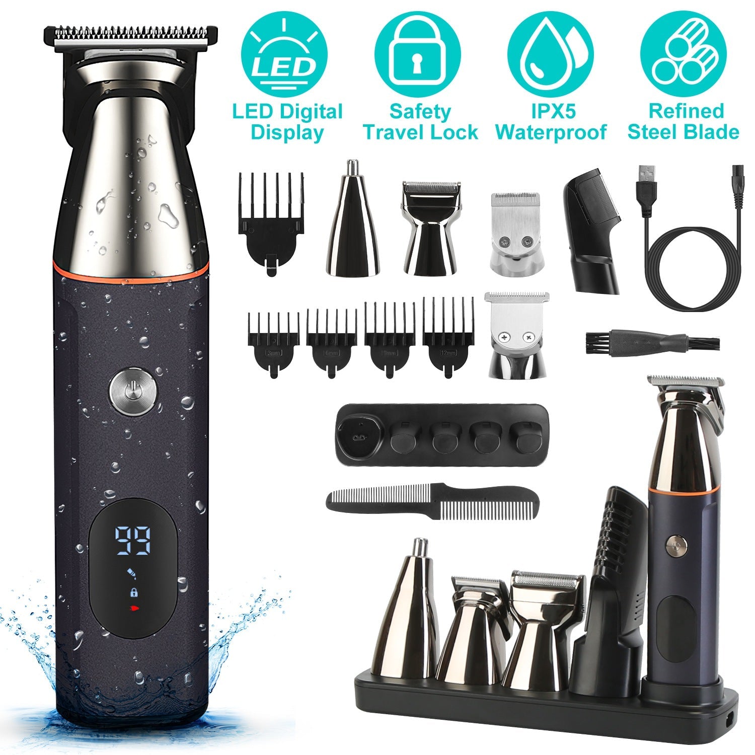 All In One Beard Trimmer for Men With 5 Trimmer Heads IPX5 Waterproof Electric Razor For Face Nose Body Beard Cordless Hair Shaver Clipper Grooming Ki