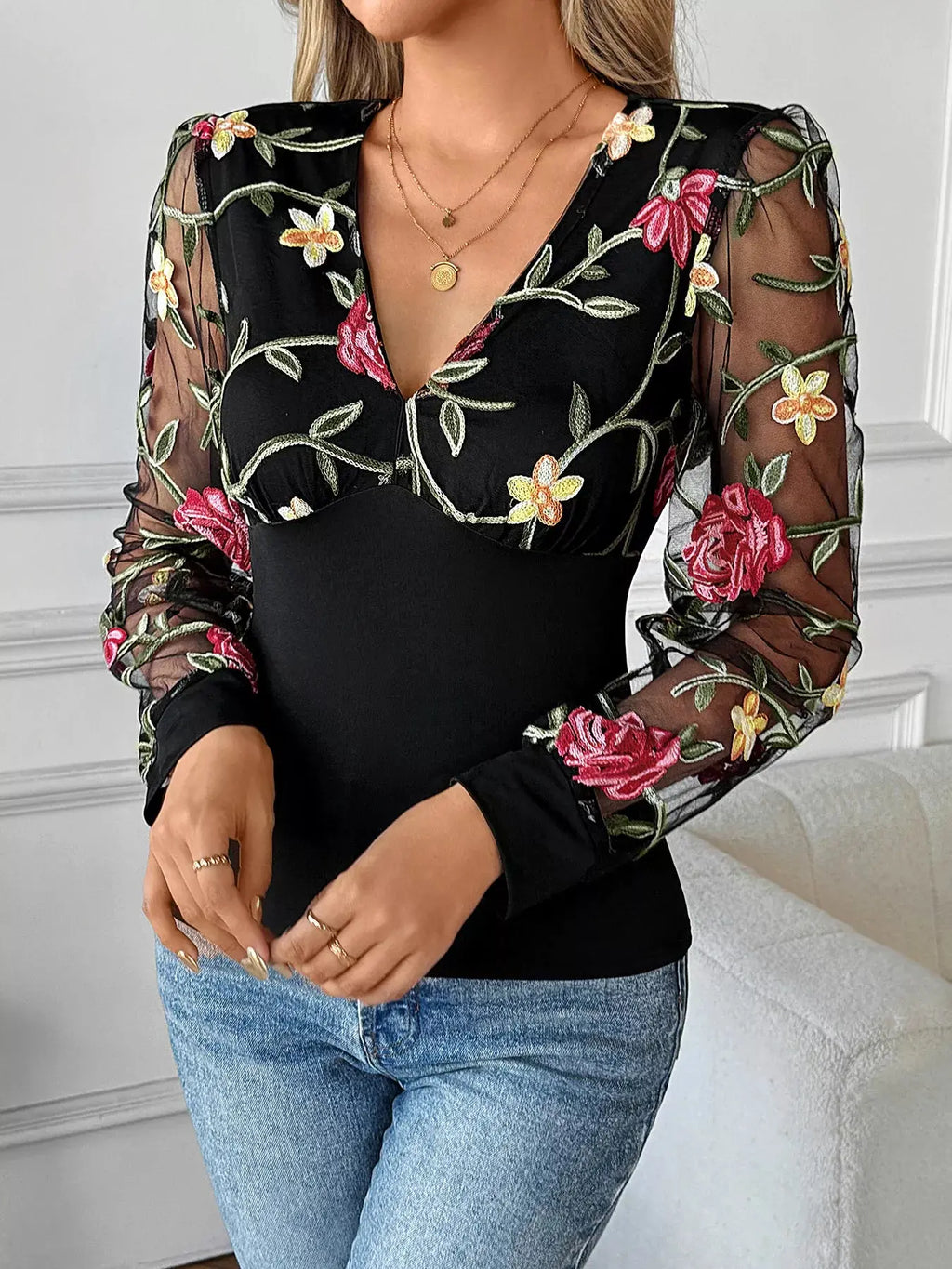 Floral Mesh Long Sleeve V Neck Blouse
