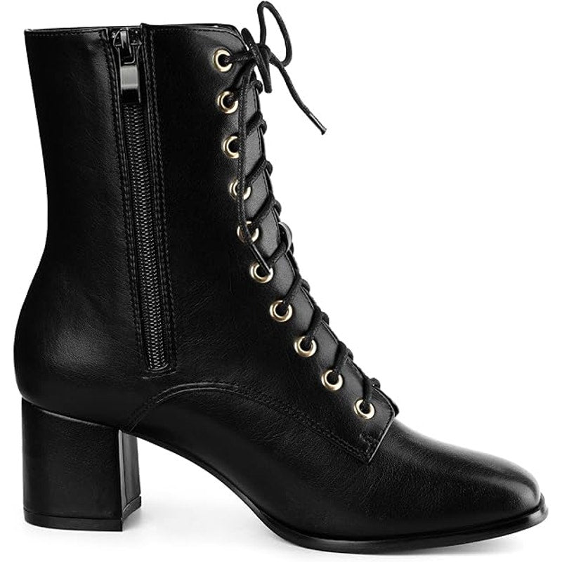 New Allegra K Womens Size 7 Black Faux Leather Lace Up 2.25" Chunky Heel Boots