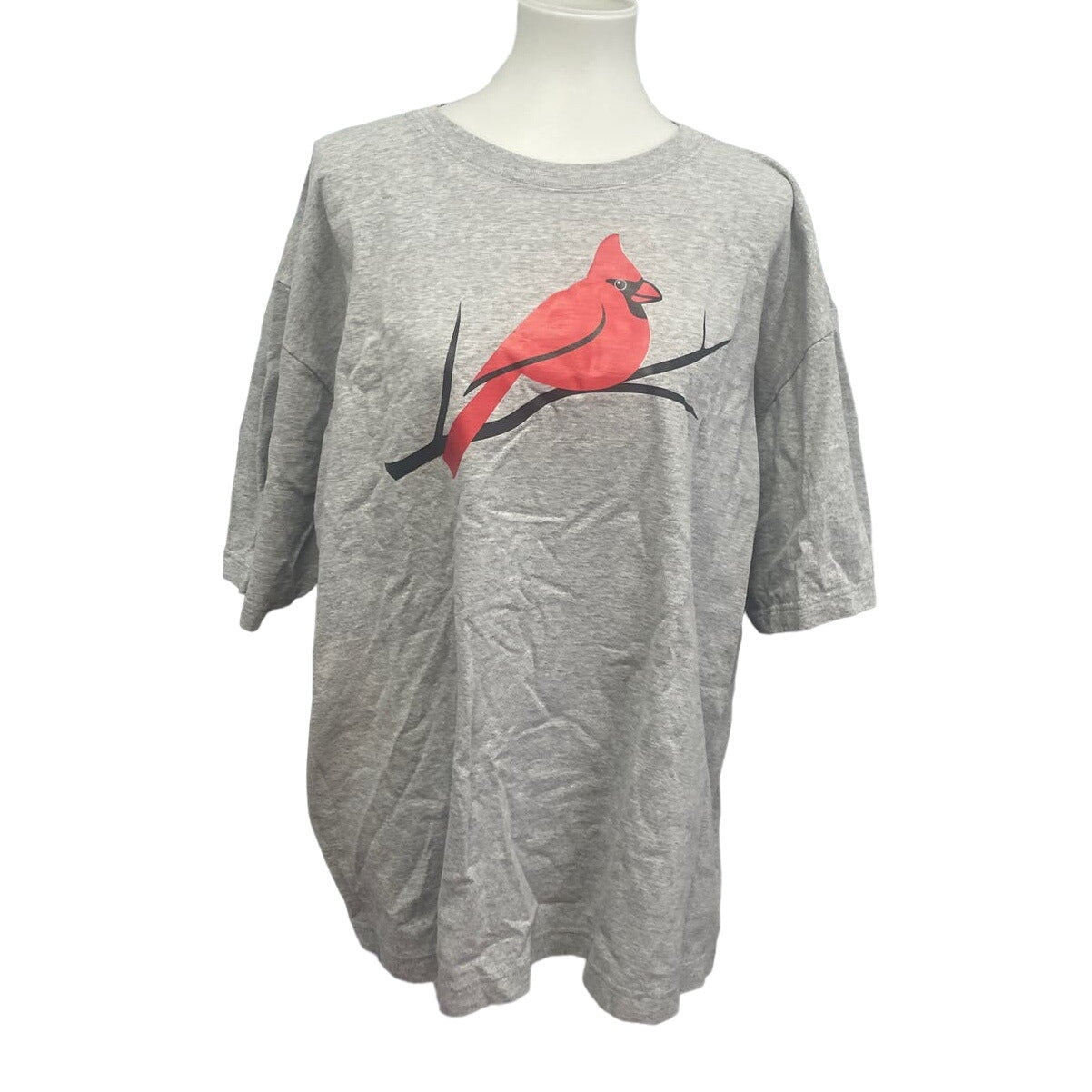 Hand Printed Upcycled XL Red Cardinal Bird Short Sleeve Cotton Blend T-Shirt