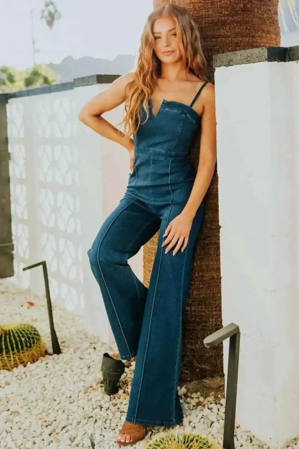 Spaghetti Strap Wide : Leg Denim Jumpsuit