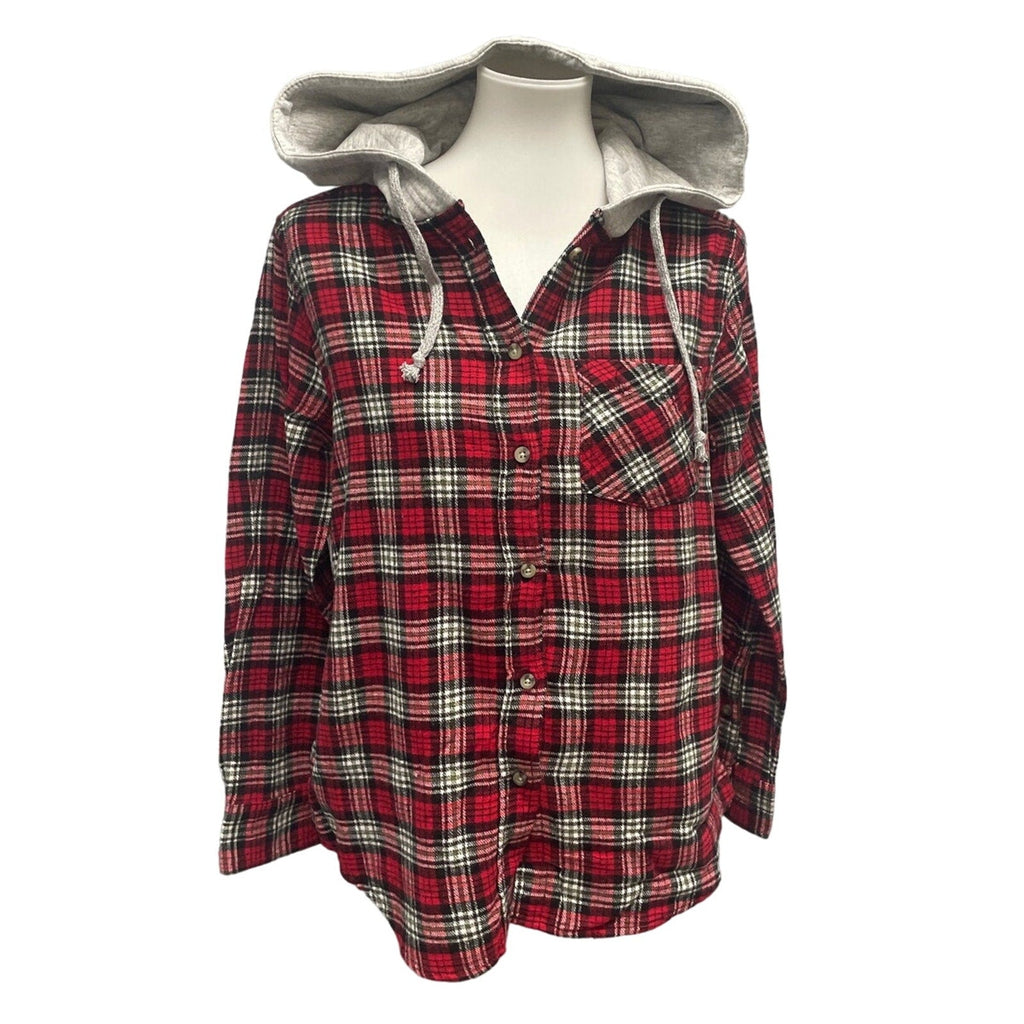 New Time and Tru Womens Large Long Sleeve Plaid Flannel Cotton Blend Hoodie