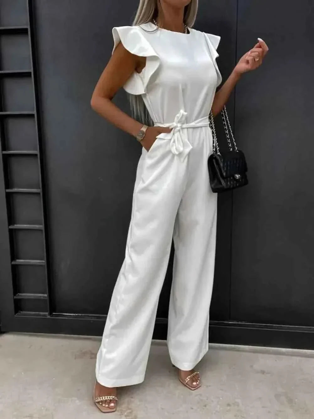 Ruffled Round Neck : Cap Sleeve Jumpsuit