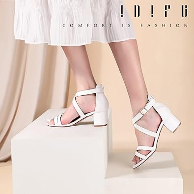 Idifu Womens Size 8 White Faux Leather Open Toe 2" Block Heel Ankle Strap Shoes