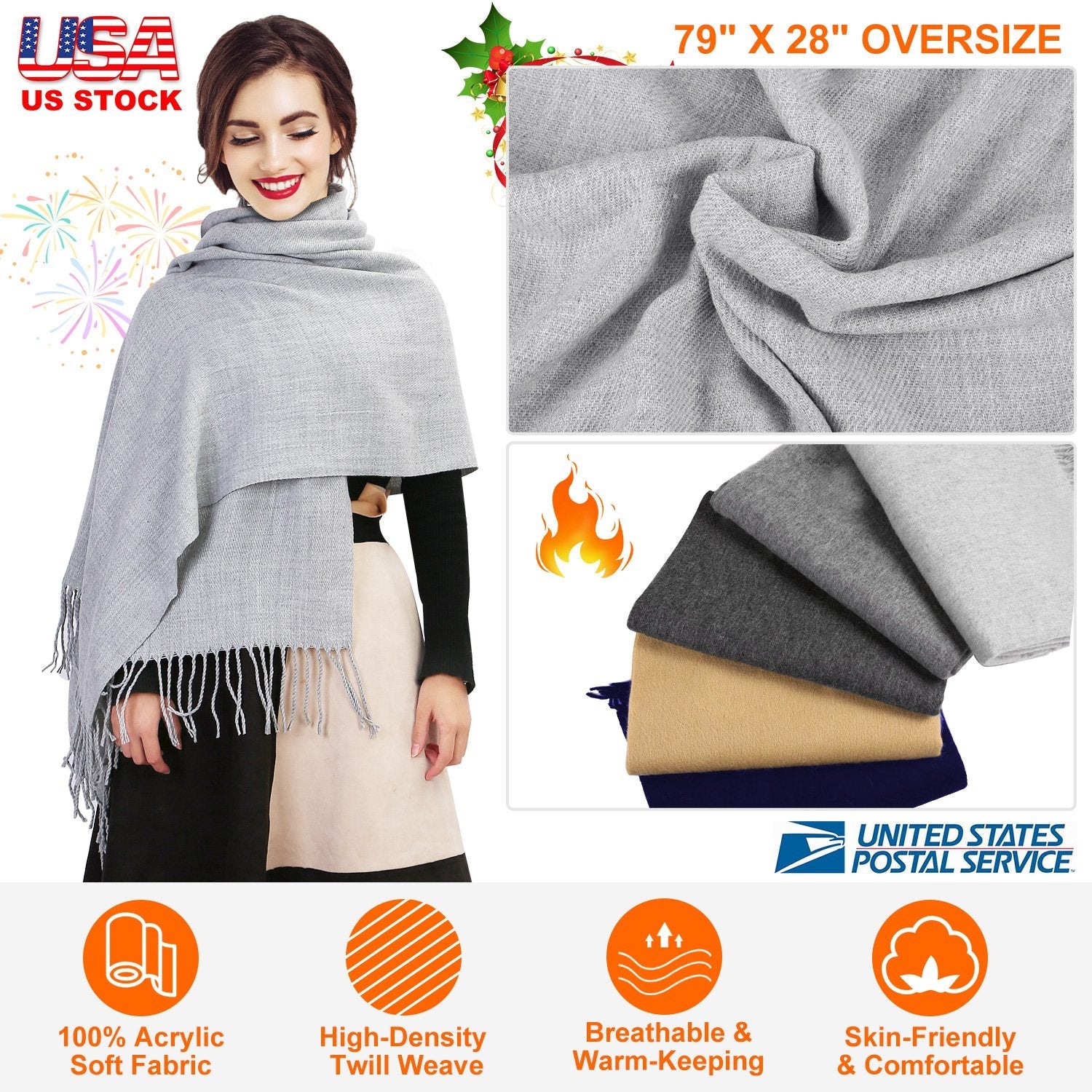 Mens Womens Oversize Cashmere Wool Shawl Wraps Blanket Winter Solid Scarf Soft Pashmina 79" X 28"