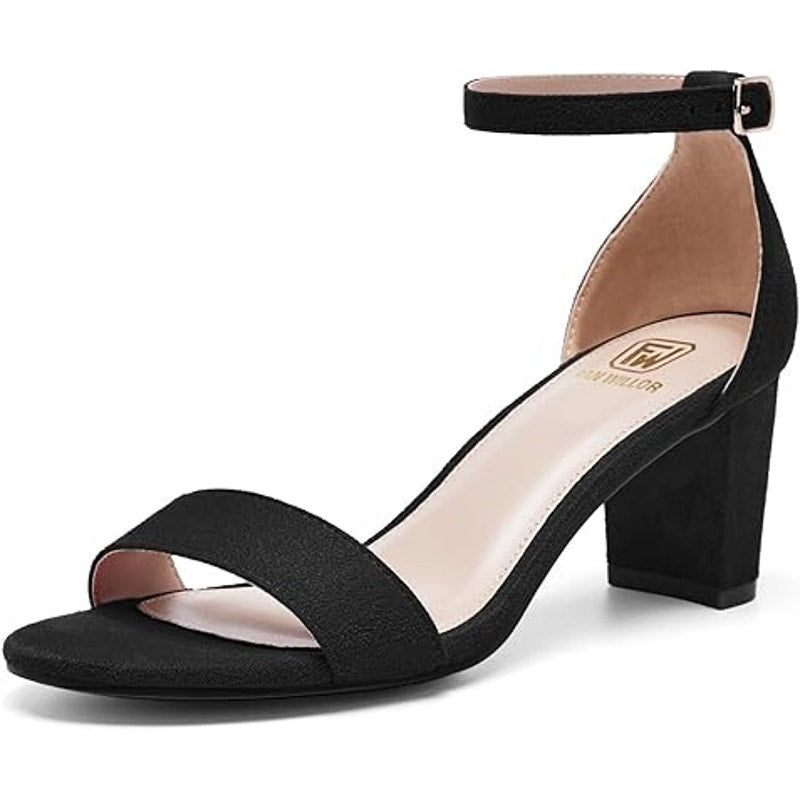 Fran Willor Womens Size 9 Black Faux Suede Open Toe 2.5" Chunky Block Heel Pumps