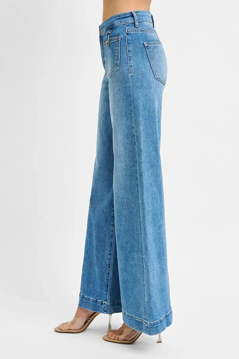 RISEN Jeans - Plus Size Mid Rise Wide Front Patch Pocket Jeans