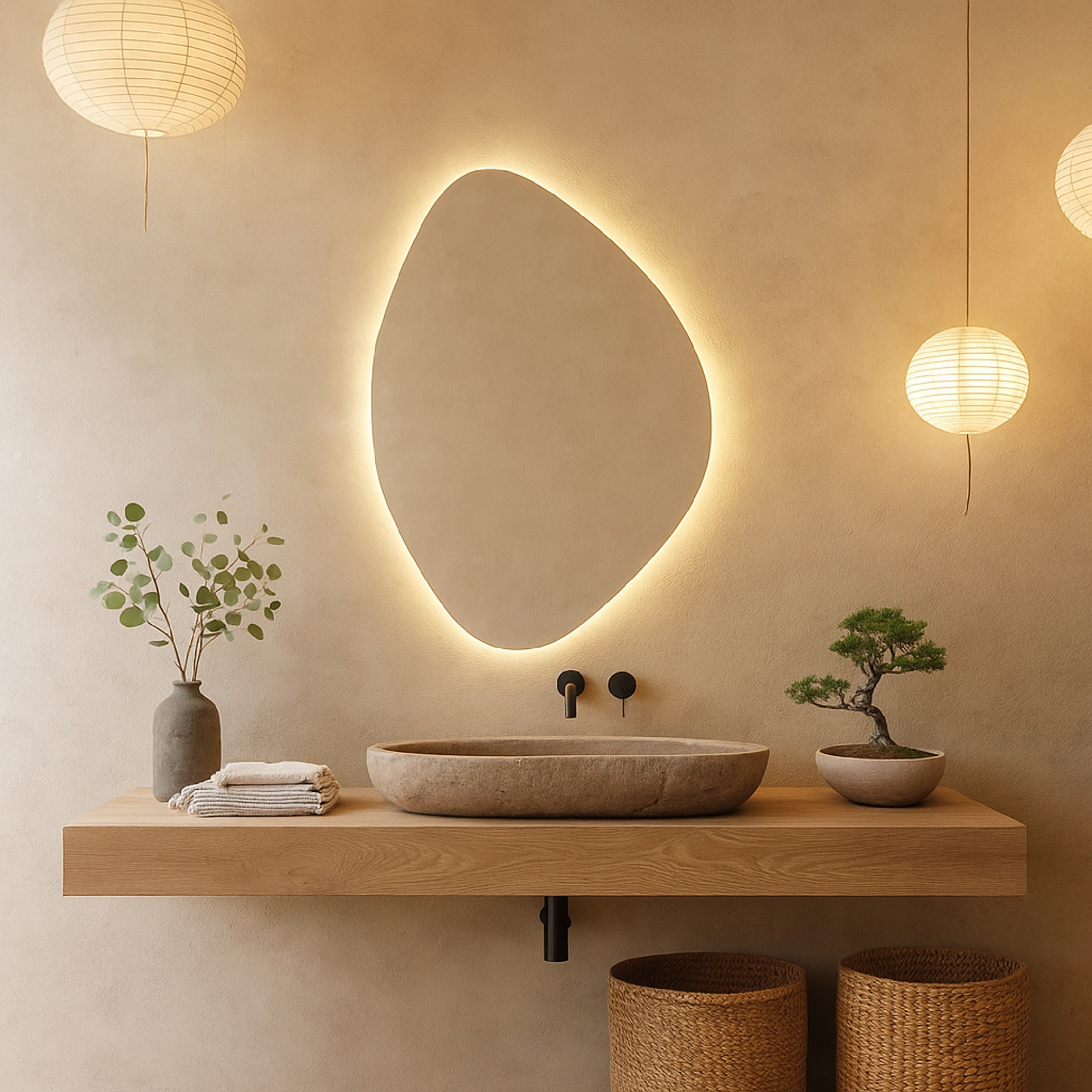 LED Bathroom Mirror – Asymmetrical Backlit Wall Mirror with Touch Control, Modern Lighted Vanity Mirror Warm & Cool LED