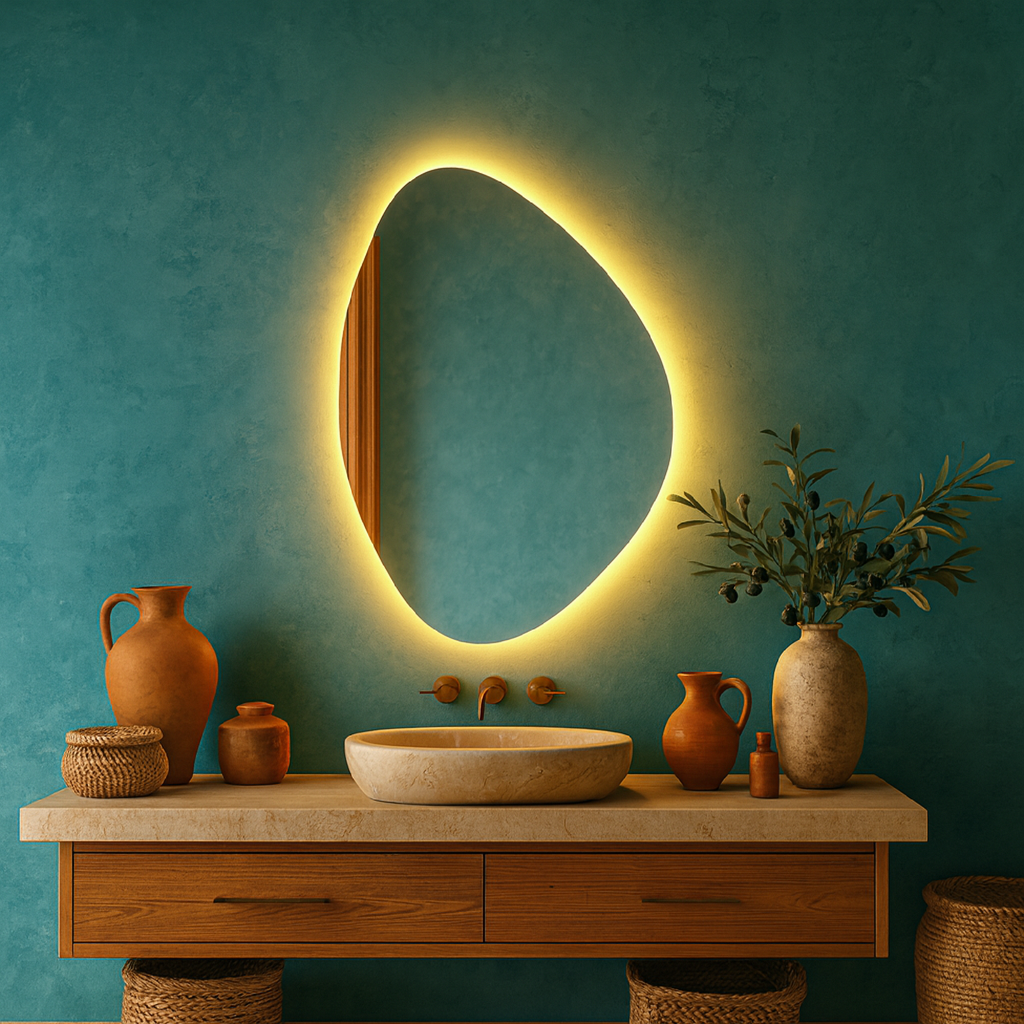 LED Bathroom Mirror – Asymmetrical Backlit Wall Mirror with Touch Control, Modern Lighted Vanity Mirror Warm & Cool LED