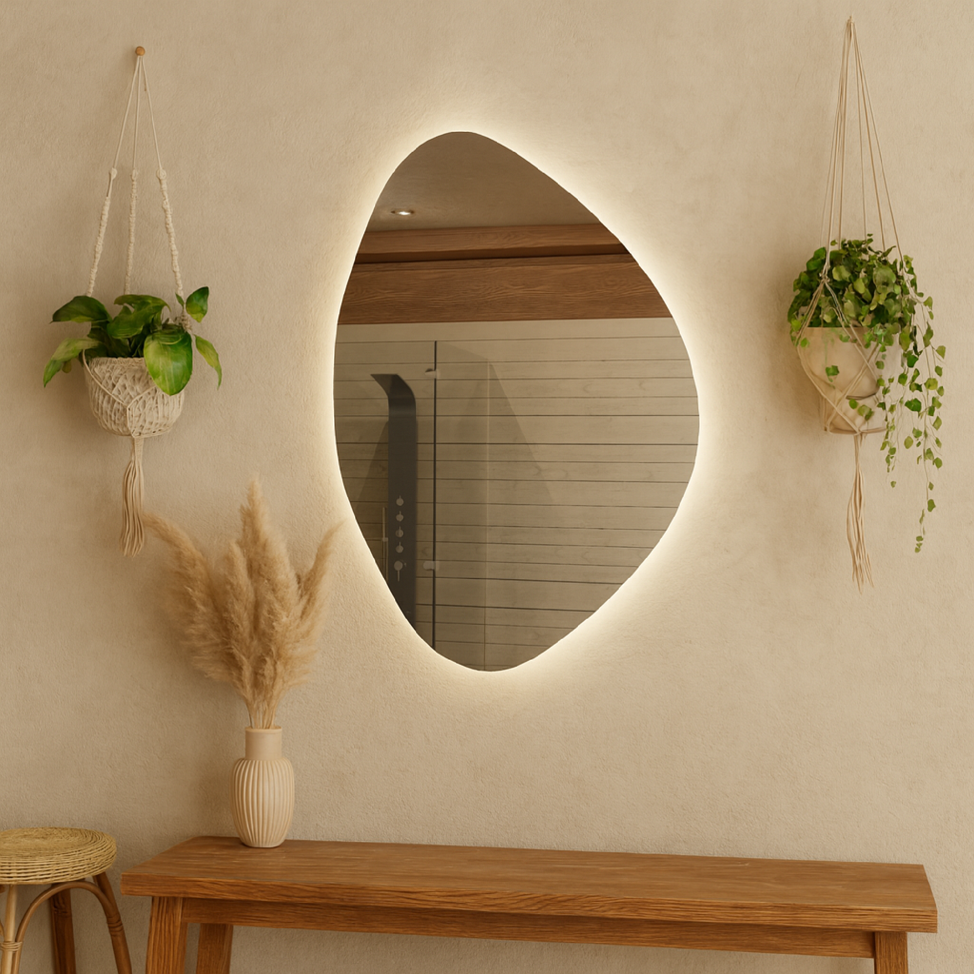 LED Bathroom Mirror – Asymmetrical Backlit Wall Mirror with Touch Control, Modern Lighted Vanity Mirror Warm & Cool LED