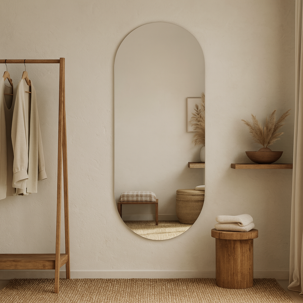 Modern Arched Wall Mirror – Frameless Oval Bathroom Vanity Mirror, Minimalist Capsule Shape Mirror |