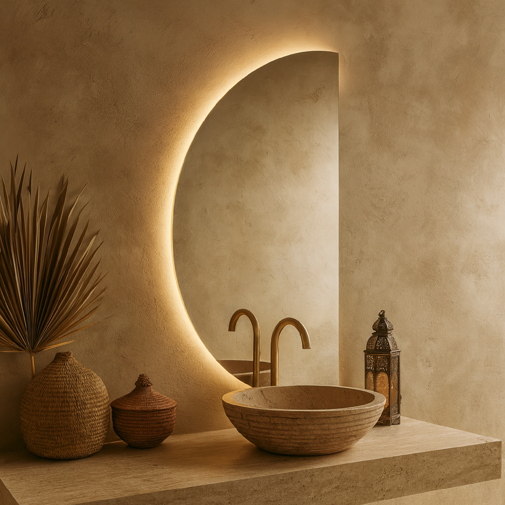 Modern LED Bathroom Mirror – Half Circle Backlit Wall Mirror with Touch Sensor, Designer Lighted Vanity Mirror