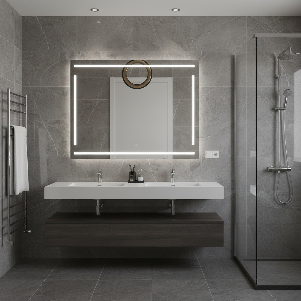 LED Bathroom Mirror – Modern Rectangular Lighted Vanity Mirror with Frame Lines, Backlit Wall Mirror
