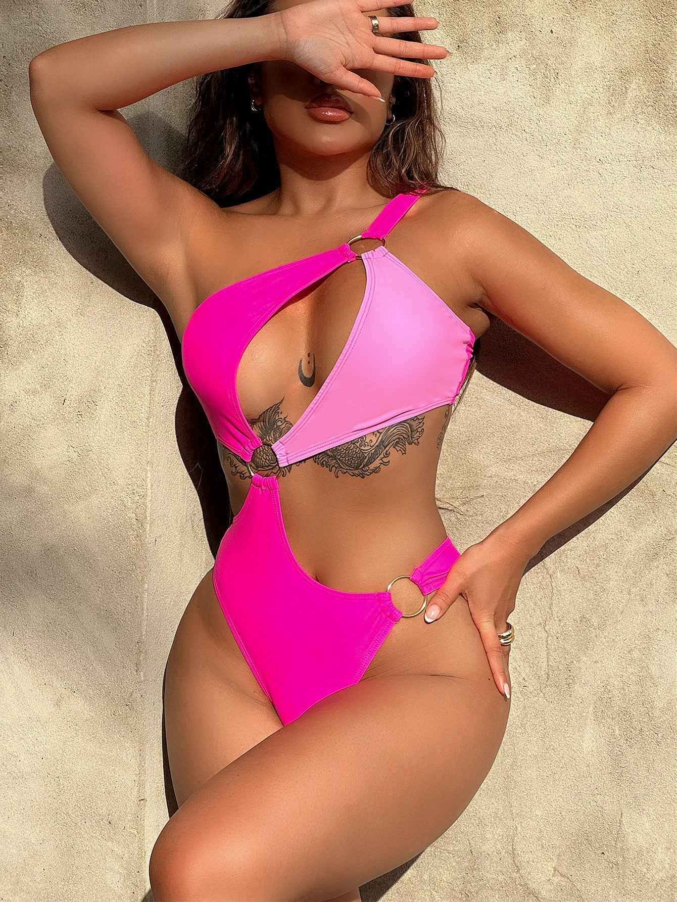 One-Shoulder Cutout Ring Detail : One-Piece Swimsuit