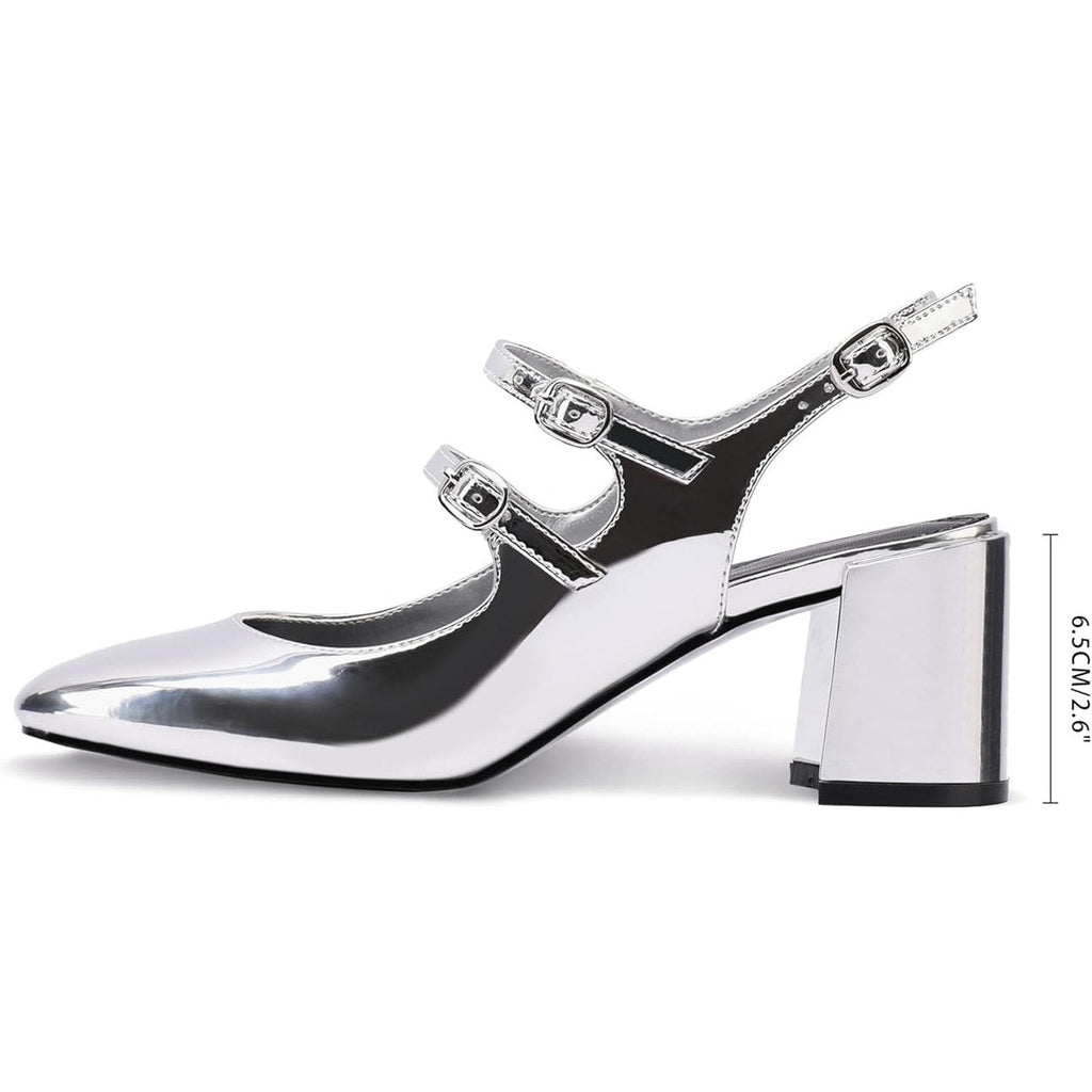 New Adrizzlein Womens Size 7.5 Silver Mary Jane Buckle 2.75" Block Heel Shoes