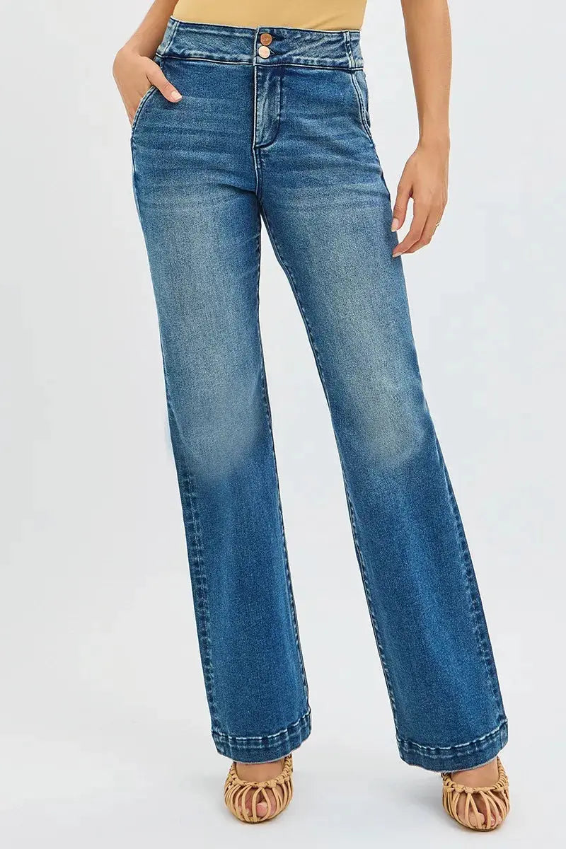 RISEN Jeans - Plus Size Tummy Control Bootcut Jeans with Double Button Waistband