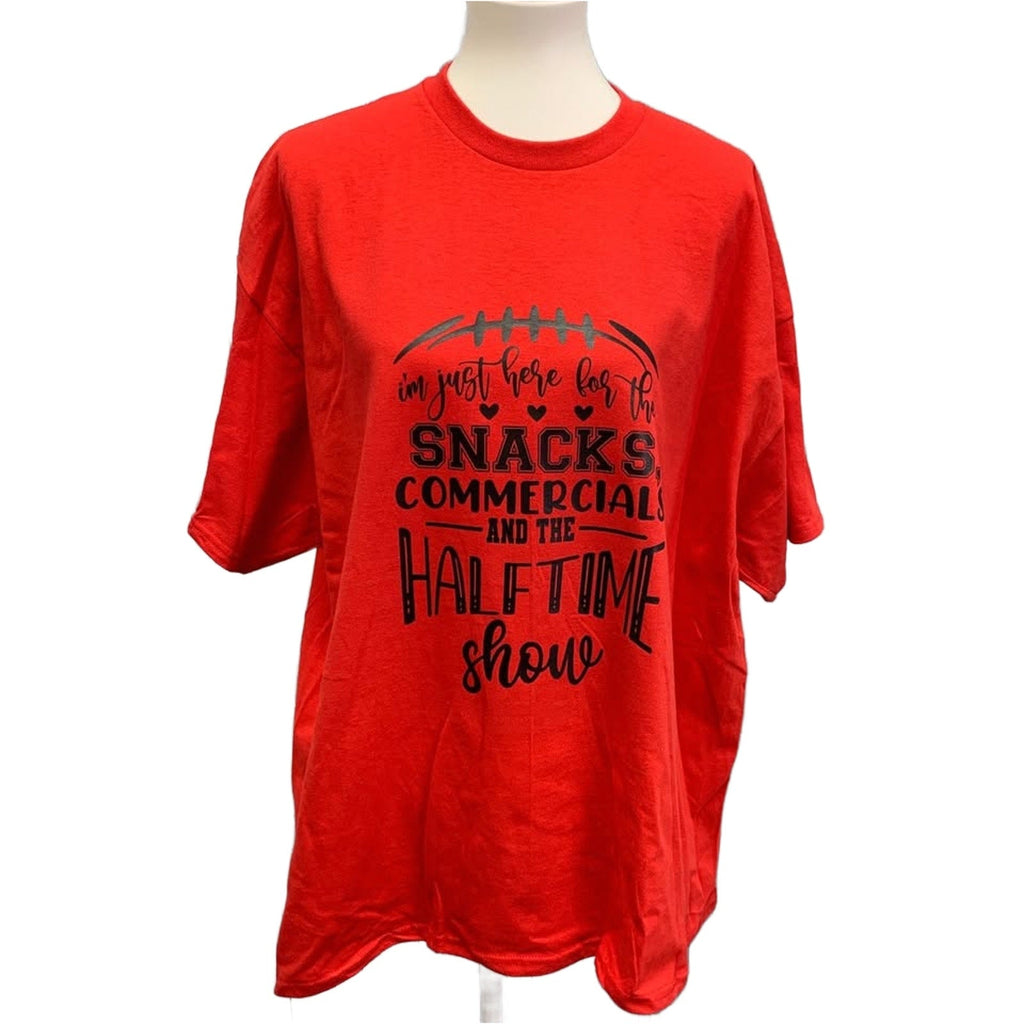 Hand Printed XL Superbowl Here for the Snacks Commercials Halftime Show Tee