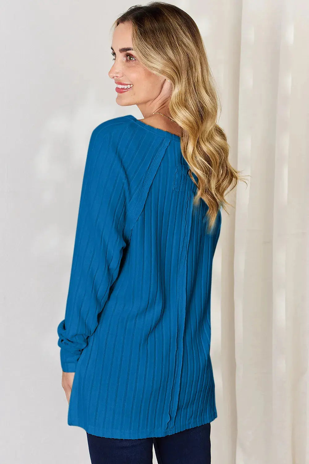 Basic Bae Ribbed Round Neck Slit Womens Long Sleeve T Shirt – Full & Plus Size