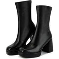 Putu Womens Size 7.5 Black Faux Leather 3.75" Platform Block Heel Pull On Boots