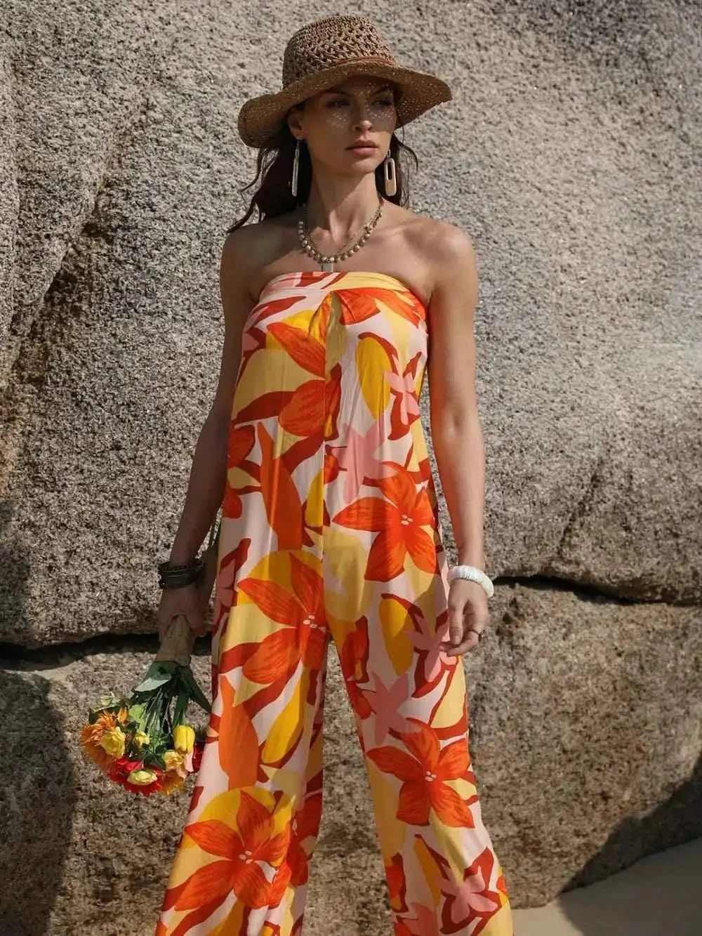 Wide Leg Jumpsuit - Tied Printed Tube