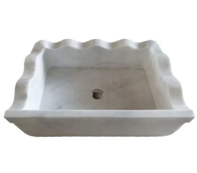 Luxury Marble Bathroom Sink – Carrara White Wall-Mount Rectangular Vanity with Wavy Edges