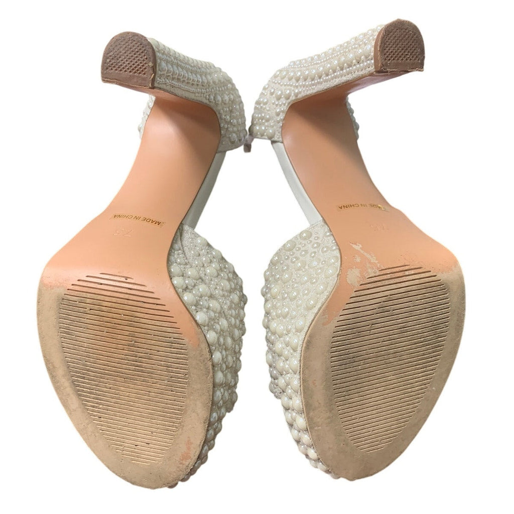 Teaieui Womens 7.5 White Pearl Open Toe 5" Heels Platform Block Sandals Shoes