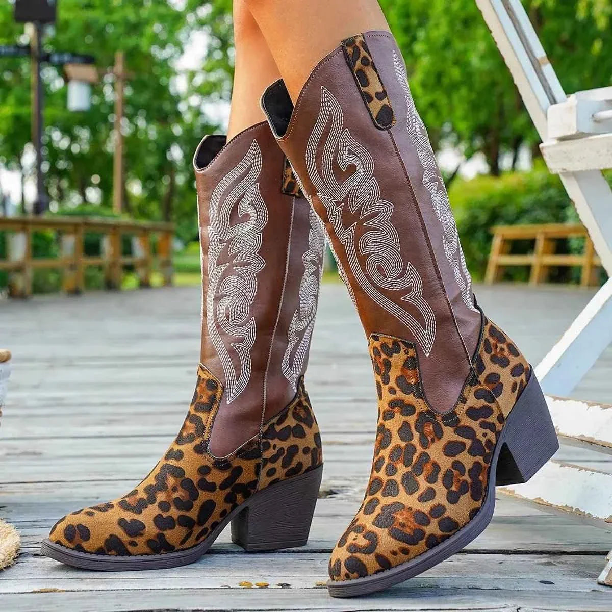 Brown Western Embroidered : Mid-Calf Boots