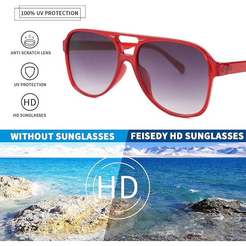 Feisedy Womens Red Plastic Frame Retro 70s UV Protection Aviator Sunglasses