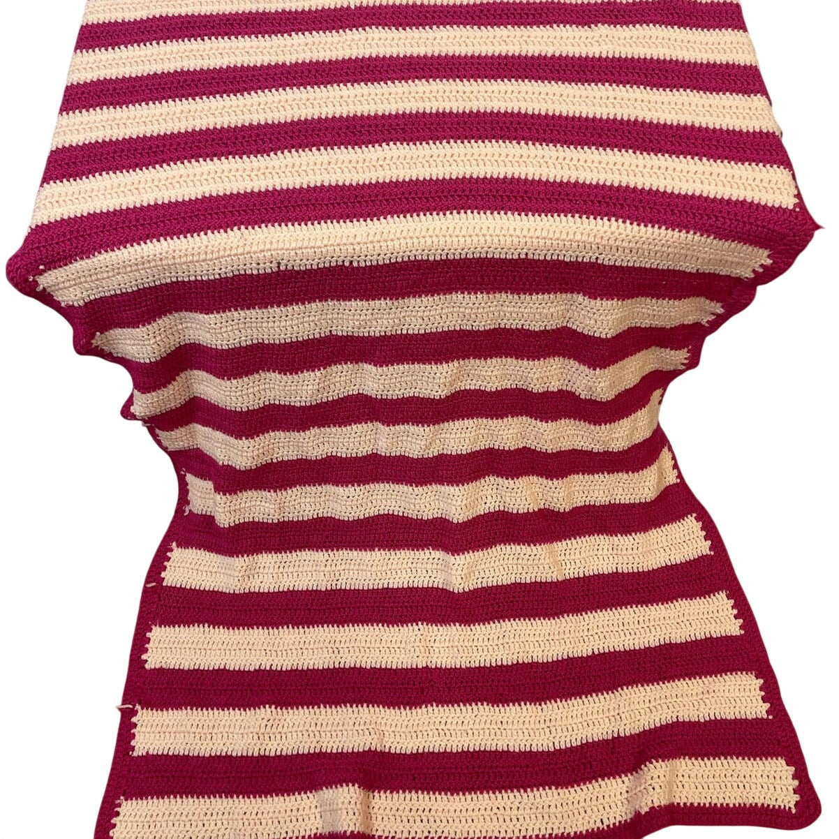 Handmade Vintage Crocheted Hot Pink Stripe Blanket Acrylic Yarn Afghan Throw