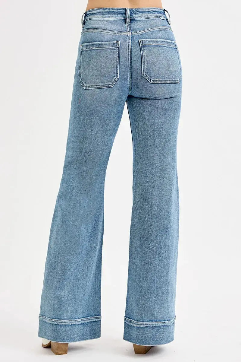 High Waist Wide Flare Patch Pocket RISEN Jeans – Full Size