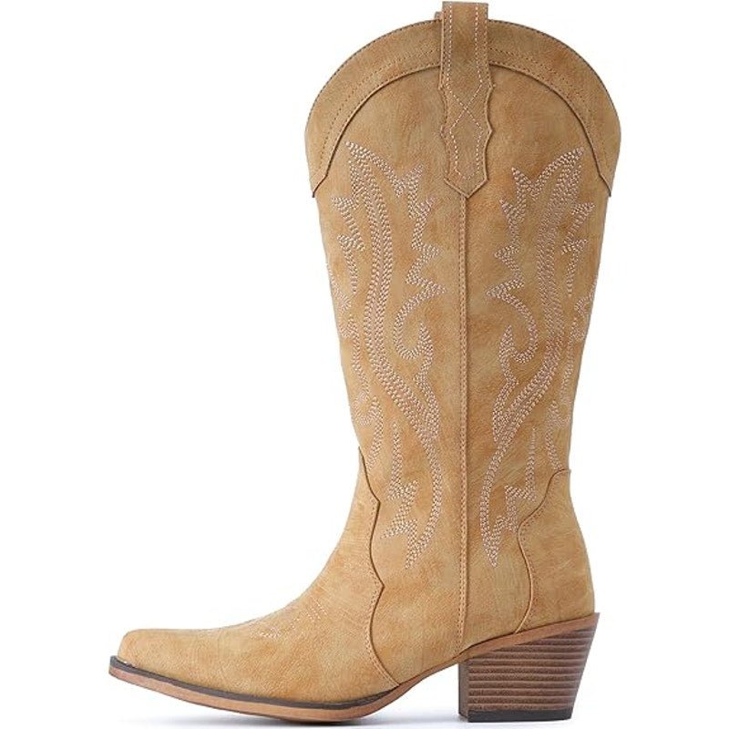 IUV Womens 9.5 Tan 2" Chunky Heel Western Cowgirl Boots Mid Calf Snip Toe Shoes