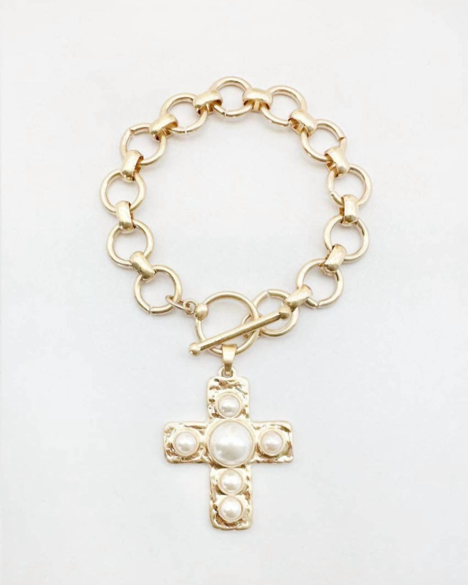 Women's Pearl Cross Charm Toggle Bracelet