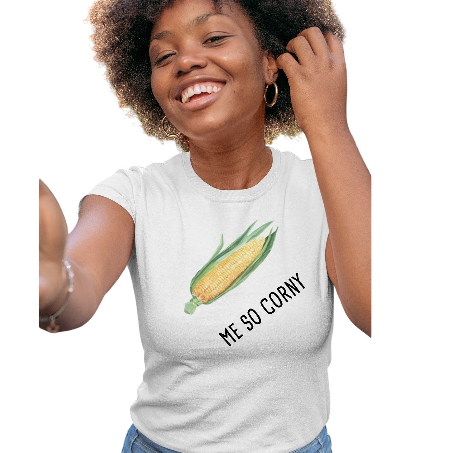 New Hand Printed Womens XS Me So Corny Corn Cob Veggie Muscle Shirt T-Shirt