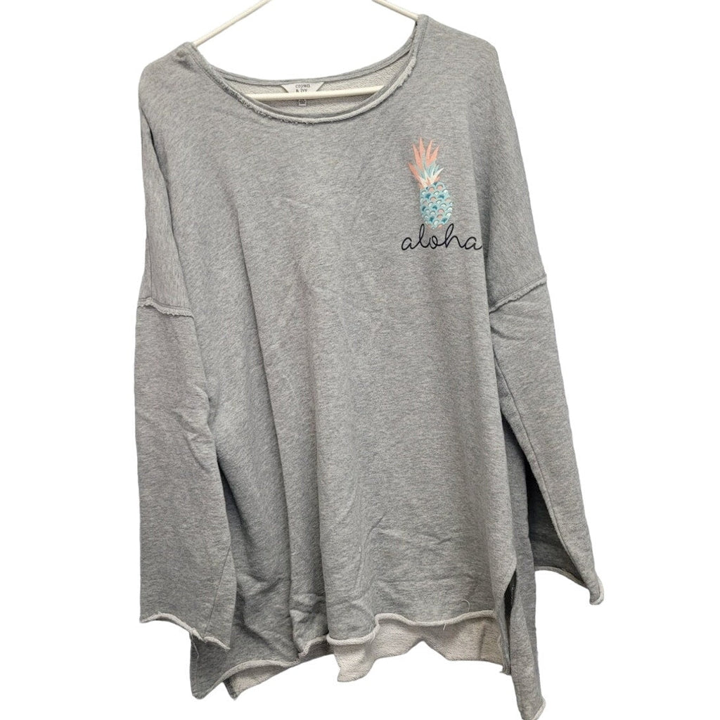 Crown & Ivy Womens XXL Aloha Pineapple 100% Cotton Long Sleeve Scoop Neck Shirt