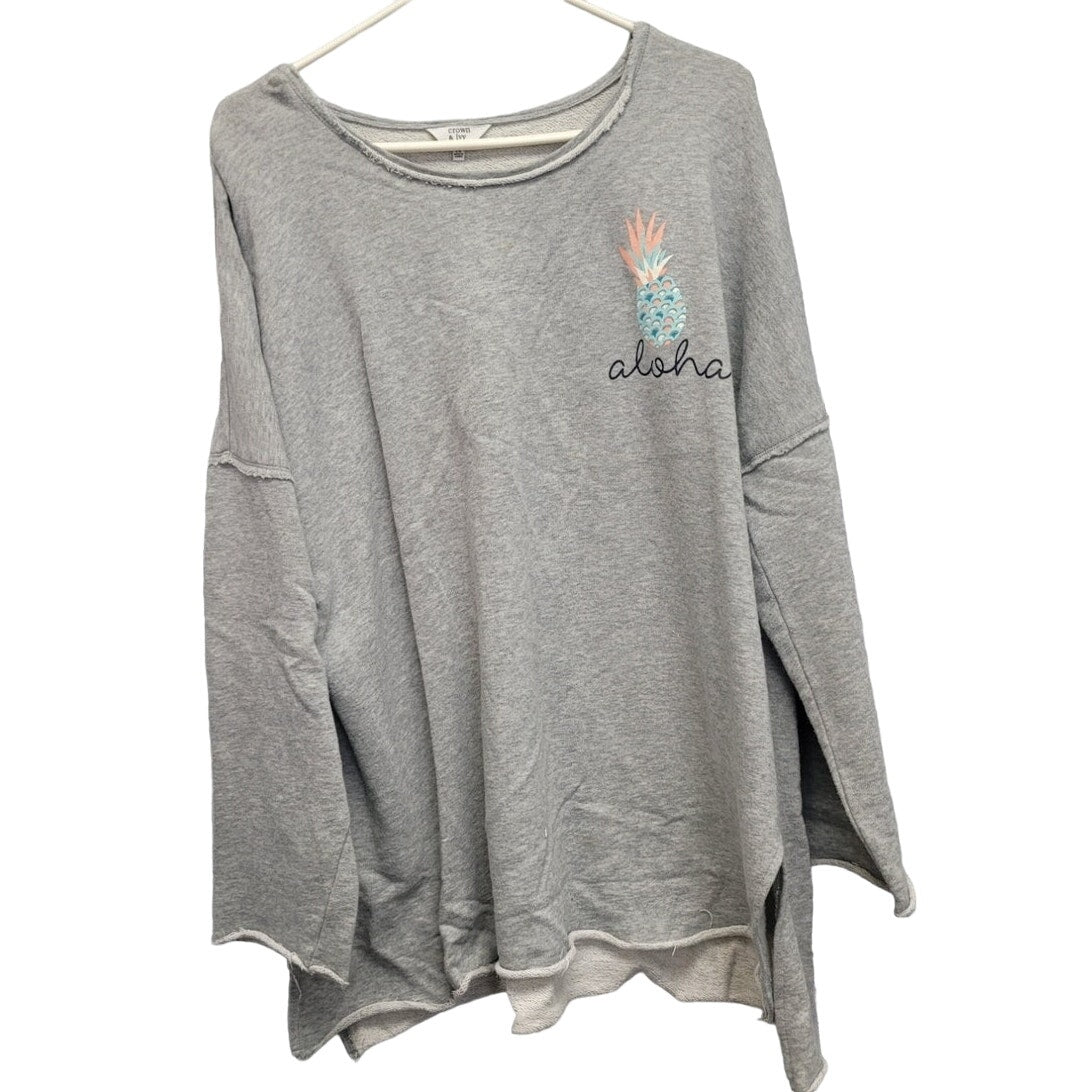 Crown & Ivy Womens XXL Aloha Pineapple 100% Cotton Long Sleeve Scoop Neck Shirt