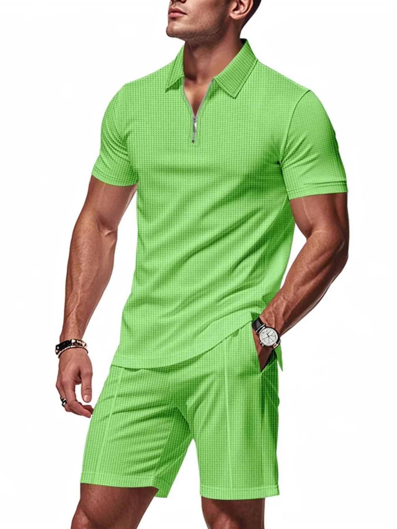 Men's Plus Size Quarter Zip Short Sleeve Top and Shorts Set