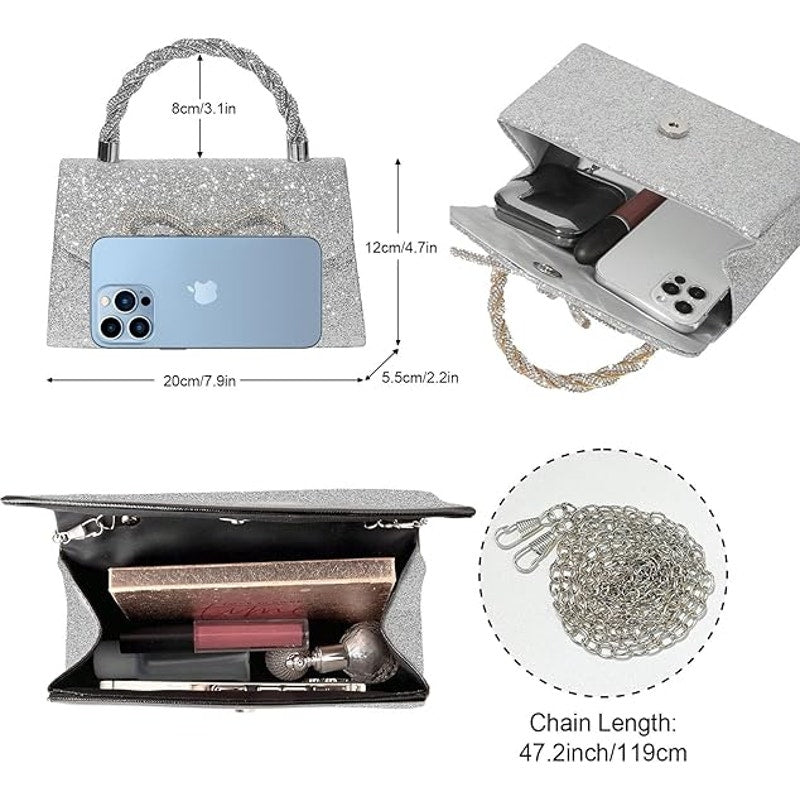 Womens Silver Sparkly Glitter Bow Clutch Shoulder Dressy Evening Purse Handbag