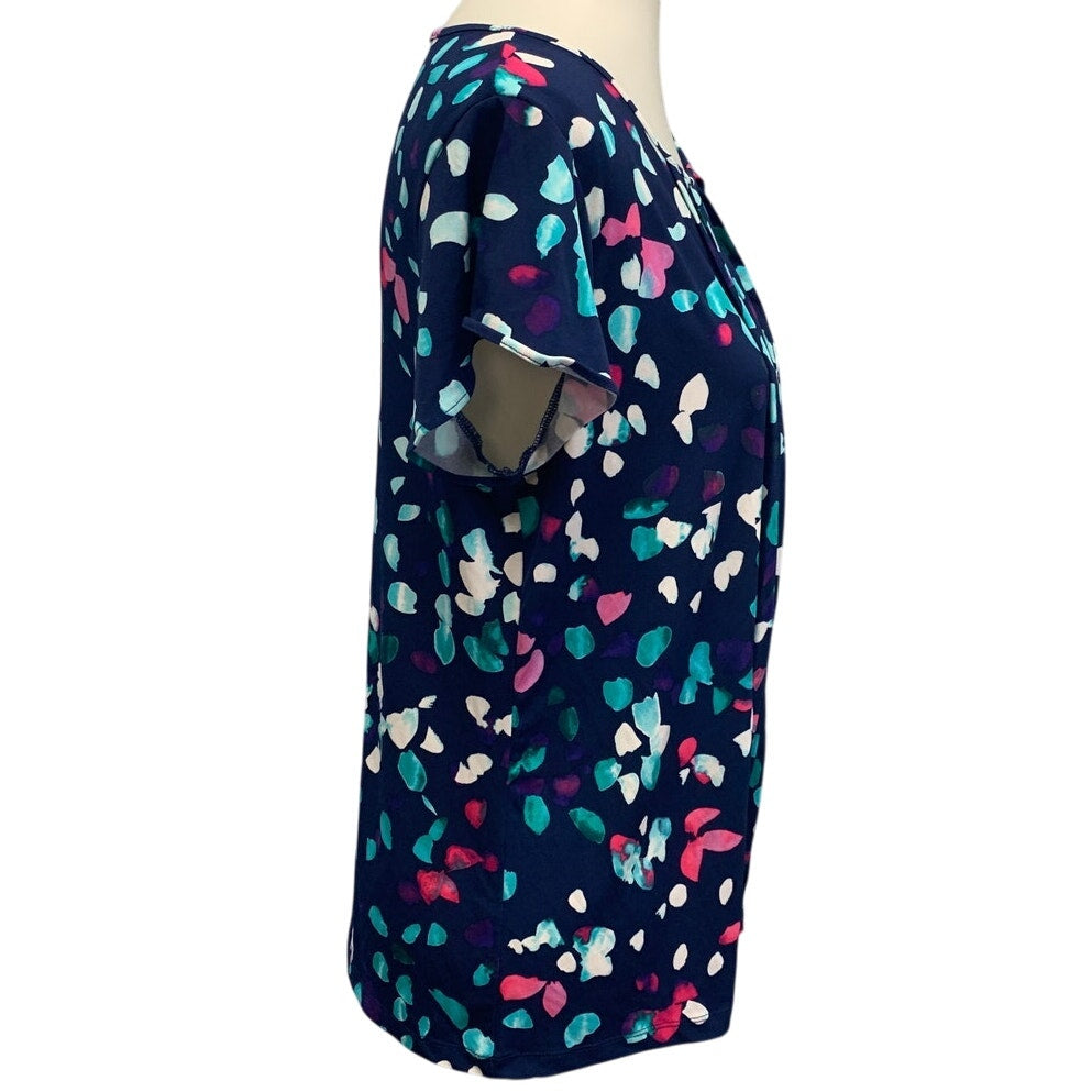 Liz Claiborne Career Womens Large Confetti Dot Short Sleeve Pleated Front Top